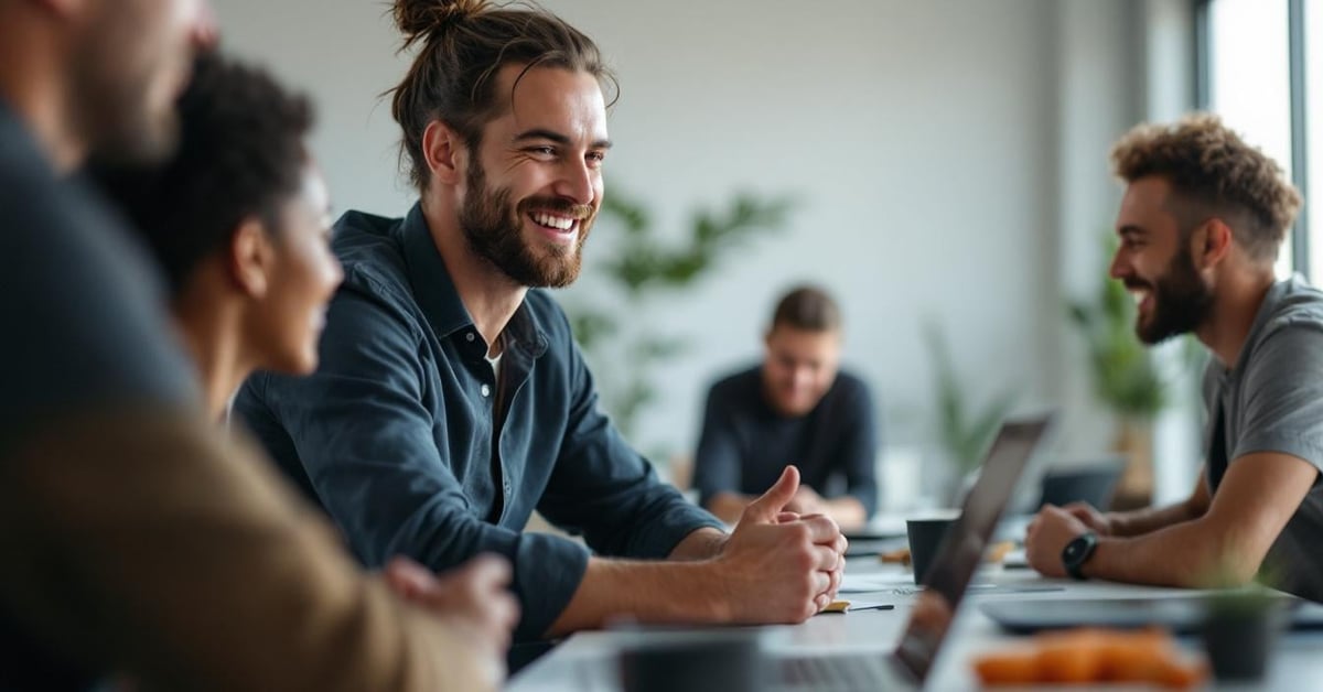 Équipe de collègues souriants participant à une activité de teambuilding fun dans un espace moderne lumineux